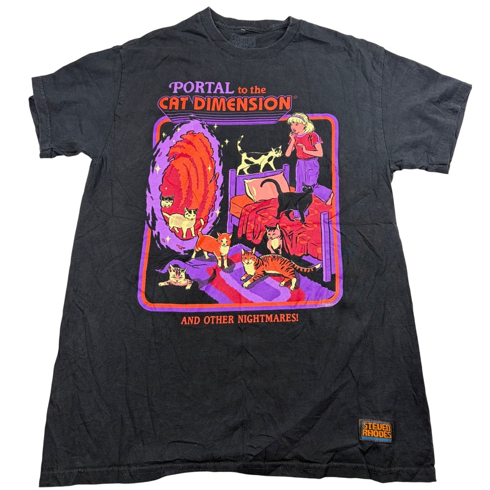 Steven Rhodes Portal to the Cat Dimension Graphic T-Shirt Black Medium Mens